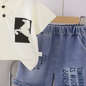 Boys Off White Graphics Polo T-Shirt With Printed Denim Shorts Set Sets