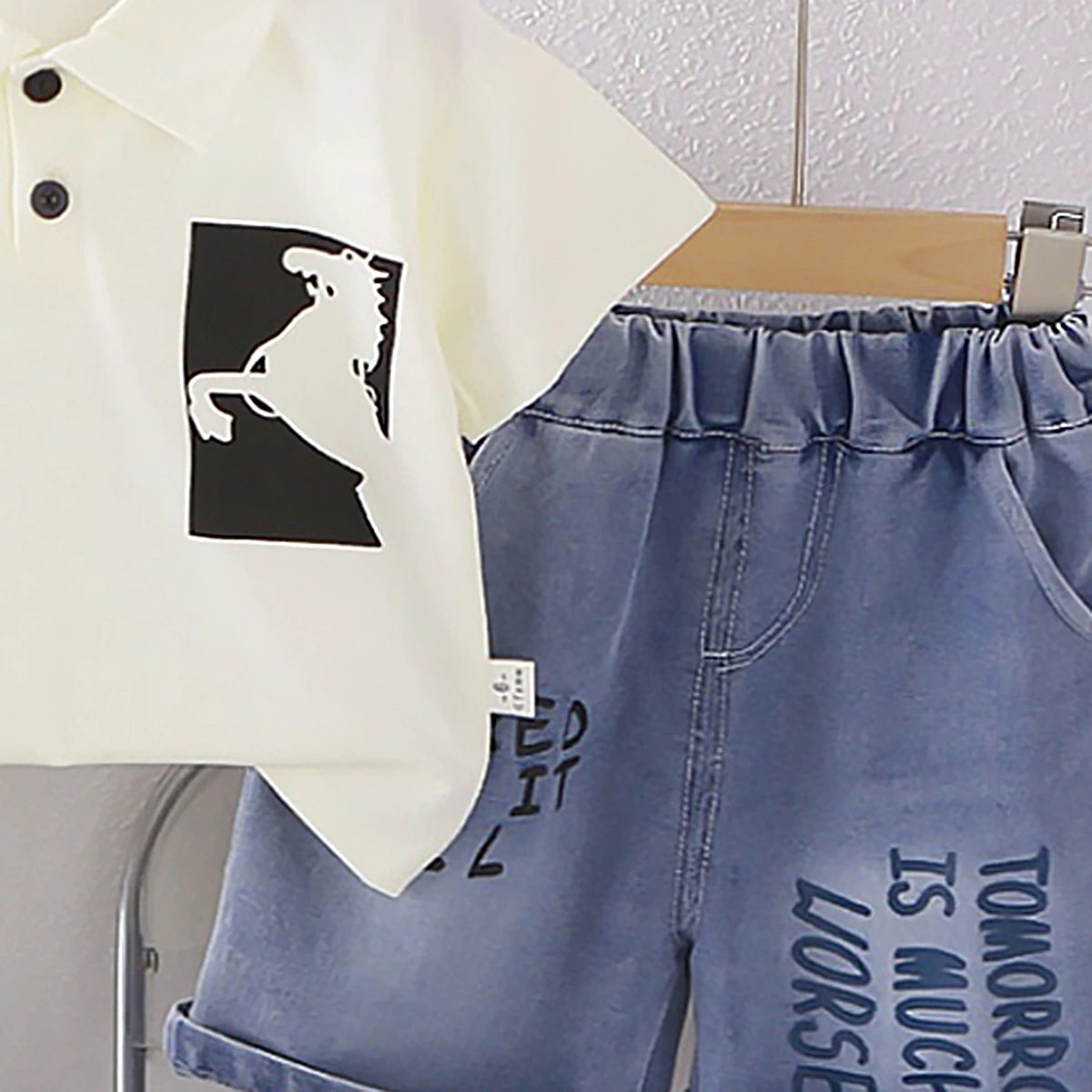 Boys Off White Graphics Polo T-Shirt With Printed Denim Shorts Set Sets
