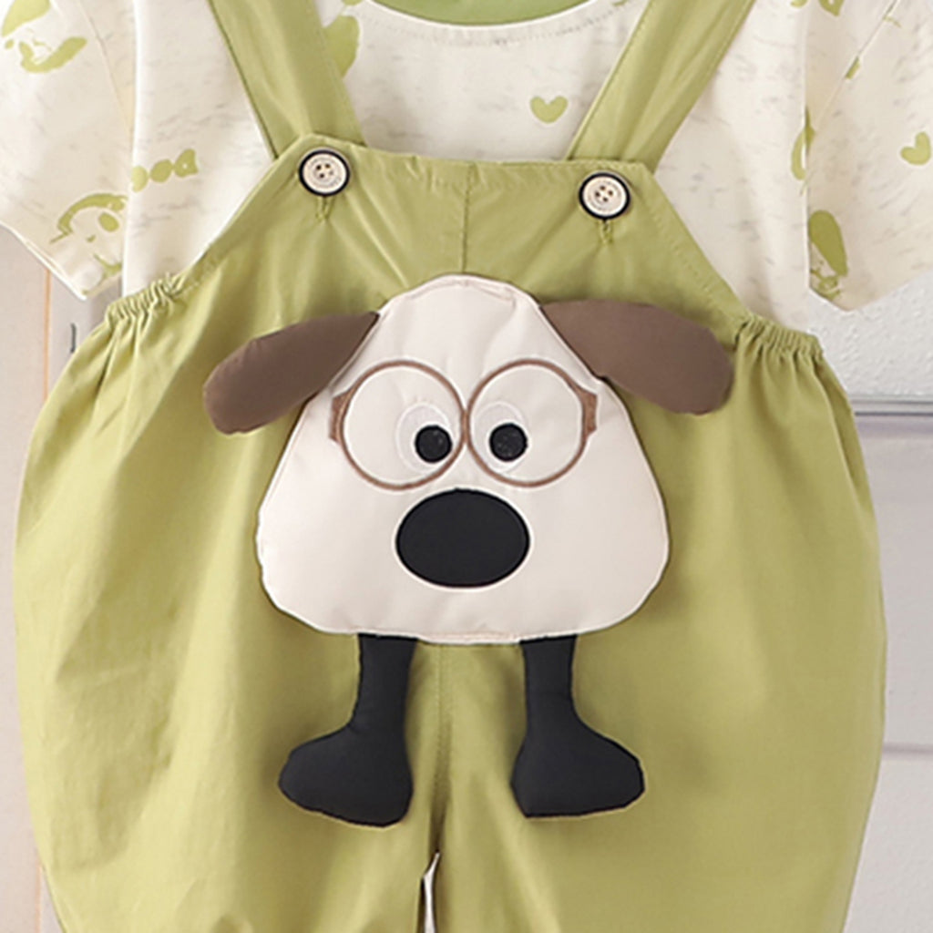 Boys Printed Short Sleeves T-Shirt With Green Dog Applique Dungaree Set 2 pc. Sets