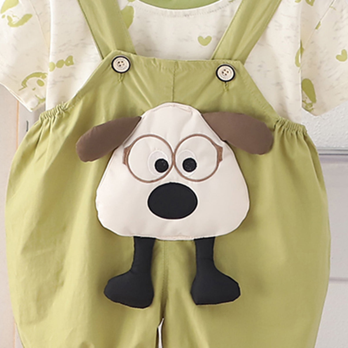 Boys Printed Short Sleeves T-Shirt With Green Dog Applique Dungaree Set 2 pc. Sets