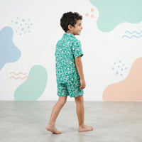 Boys Green Floral Printed Short Sleeve Shirt With Elasticated Shorts Sets Sets