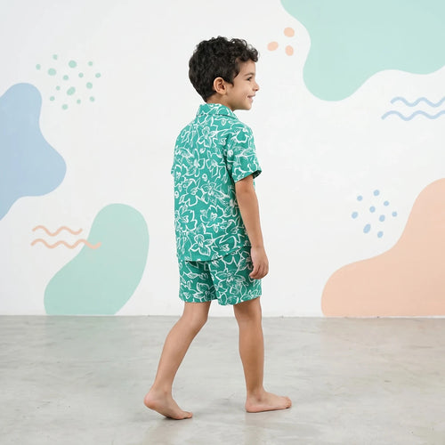 Boys Green Floral Printed Short Sleeve Shirt With Elasticated Shorts Sets Sets