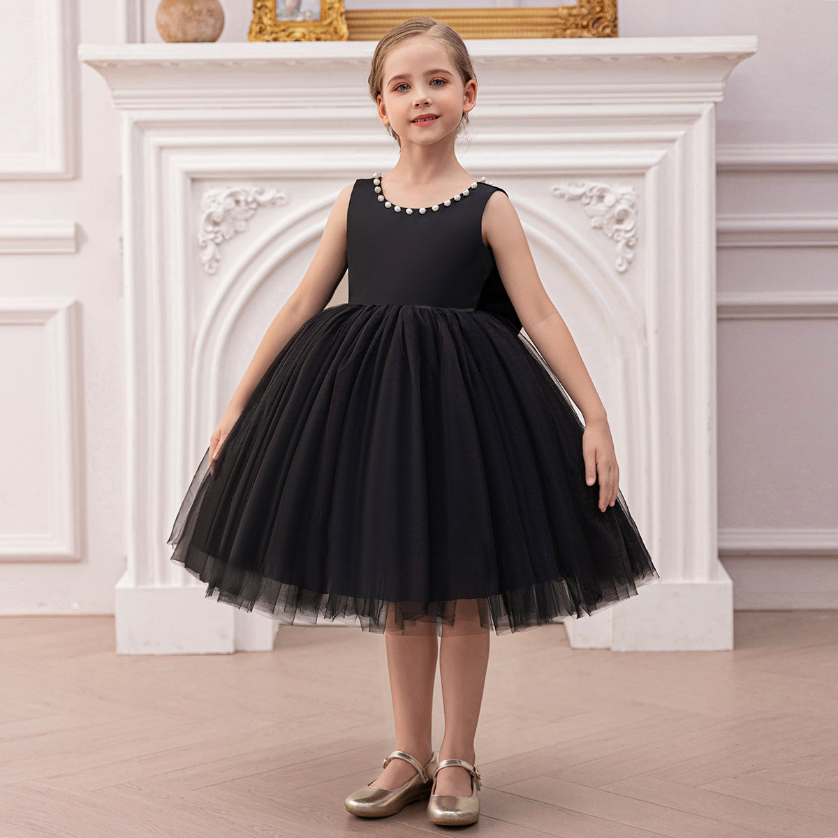 Girls Black Duchess Satin with Beaded Neck Tulle Overlay Party Dress Party Dresses