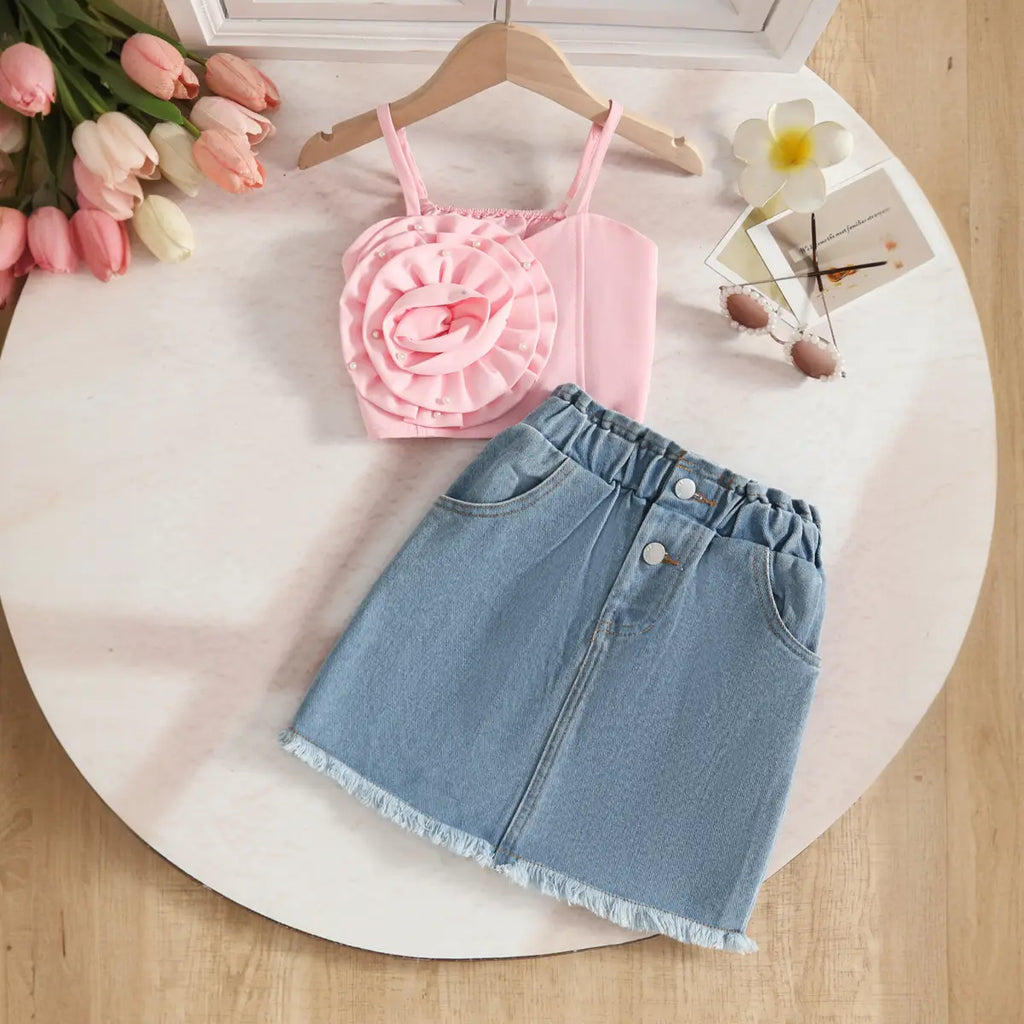 Girls Pink 3D Flower Applique Embellished Top With Denim Skirt Sets Sets Pink 2-3 Y