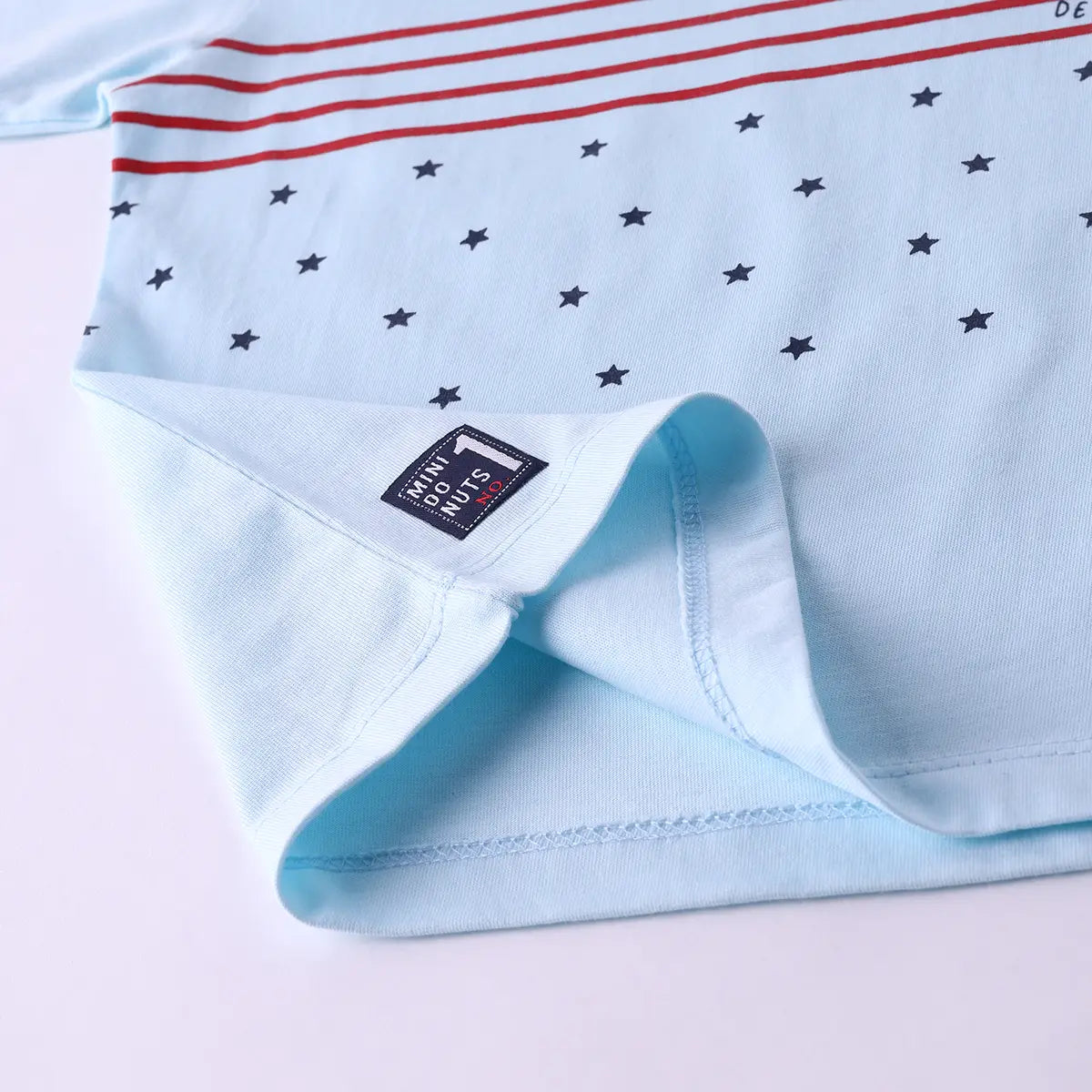 Boys Sky Blue Star Graphic Short Sleeve T-Shirt With Checked Shorts Sets Sets