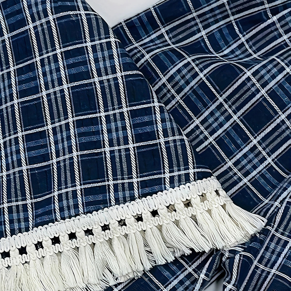 Girls Blue Checked A-line Top & Pants With Fringe Trim Hem Co-ord Sets Sets