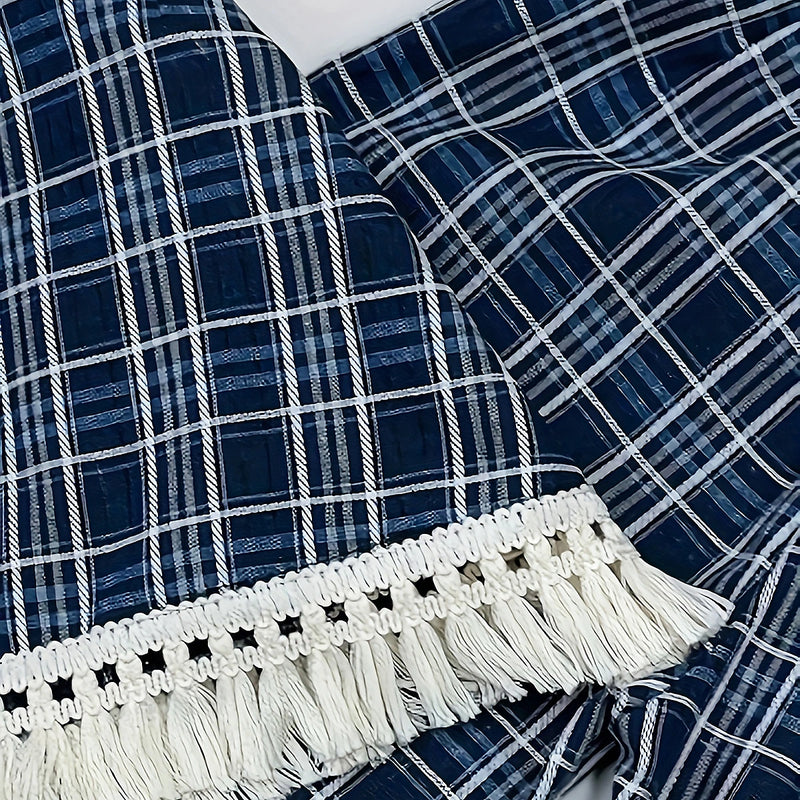 Girls Blue Checked A-line Top & Pants With Fringe Trim Hem Co-ord Sets Sets