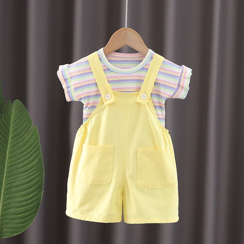 Girls Yellow Multistripe T-shirt with Dungaree Set Sets Yellow 1-2 Y 