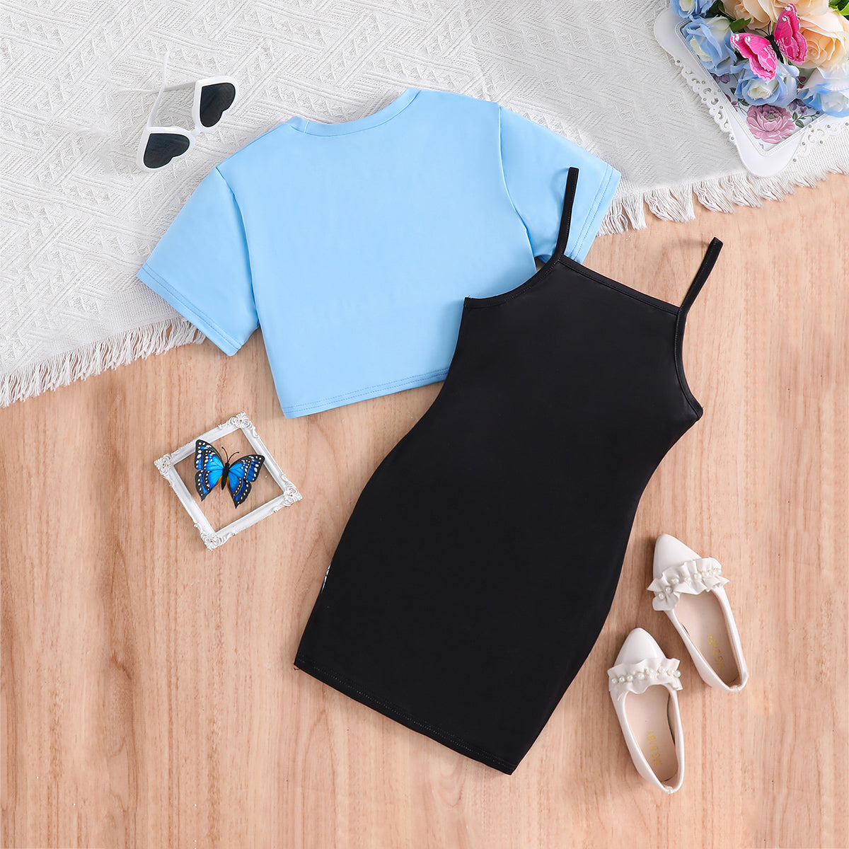 Girls Black Butterfly Printed Bodycon Dress With Short Sleeves Top Casual Dresses