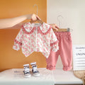 Girls Pink Floral Printed Long Sleeves Top With Pants Set 2 pc. Sets Pink 1-2 Y