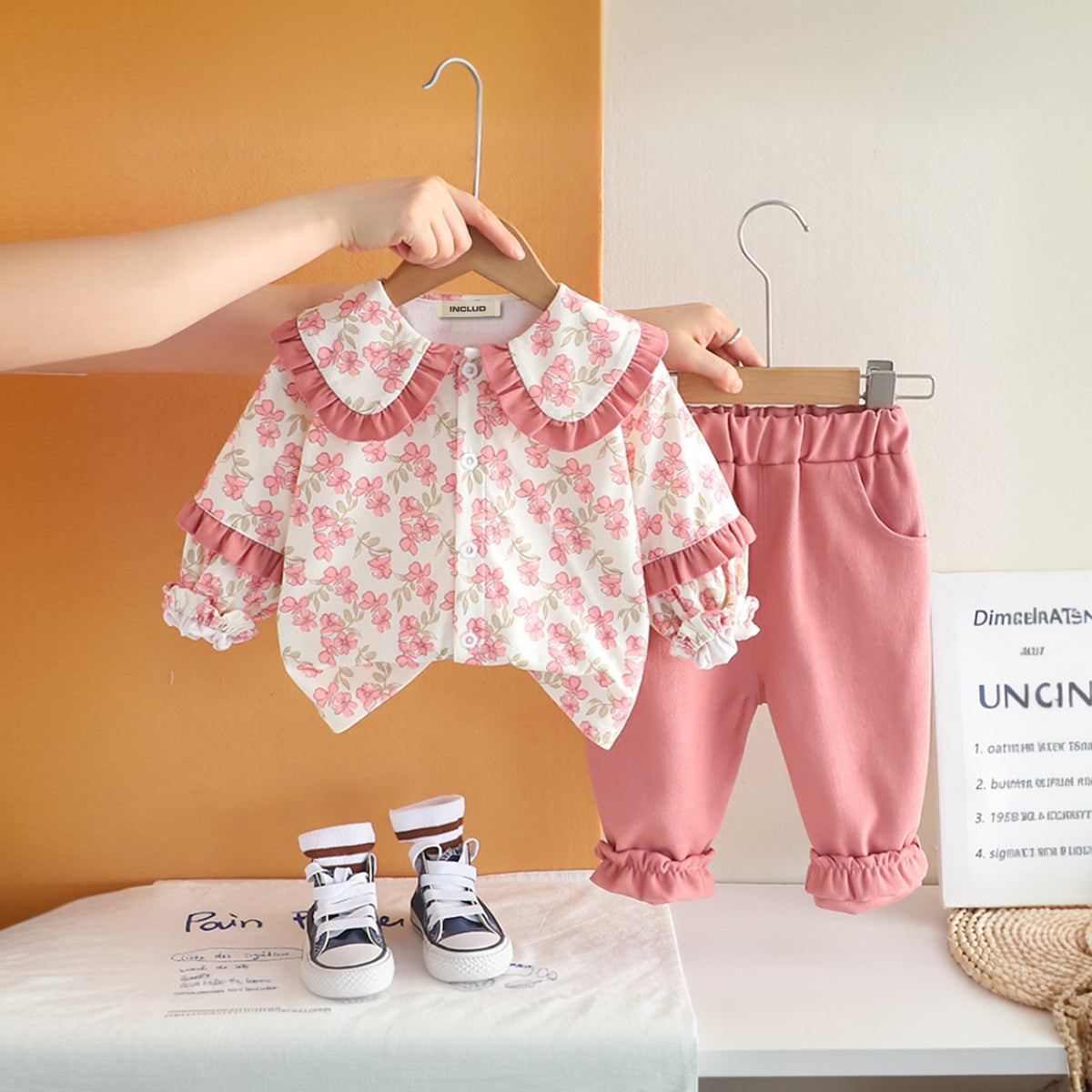Girls Pink Floral Printed Long Sleeves Top With Pants Set 2 pc. Sets Pink 1-2 Y