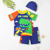 Boys Blue Dinosaur Printed T-Shirt With Shorts & Cap Swimwear Sets Sets Blue 3-4 Y