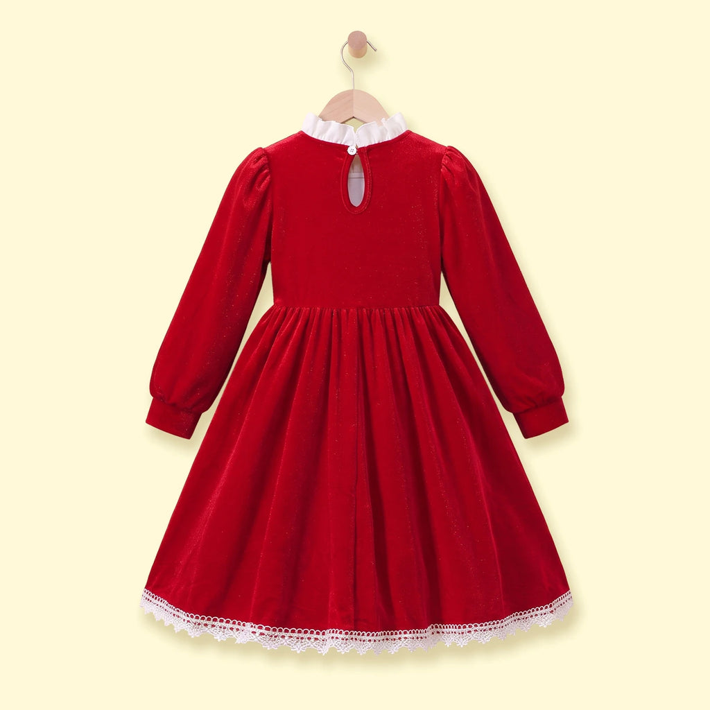 Girls Red Bow Applique Long Sleeve Fit & Flare Dress Casual Dresses
