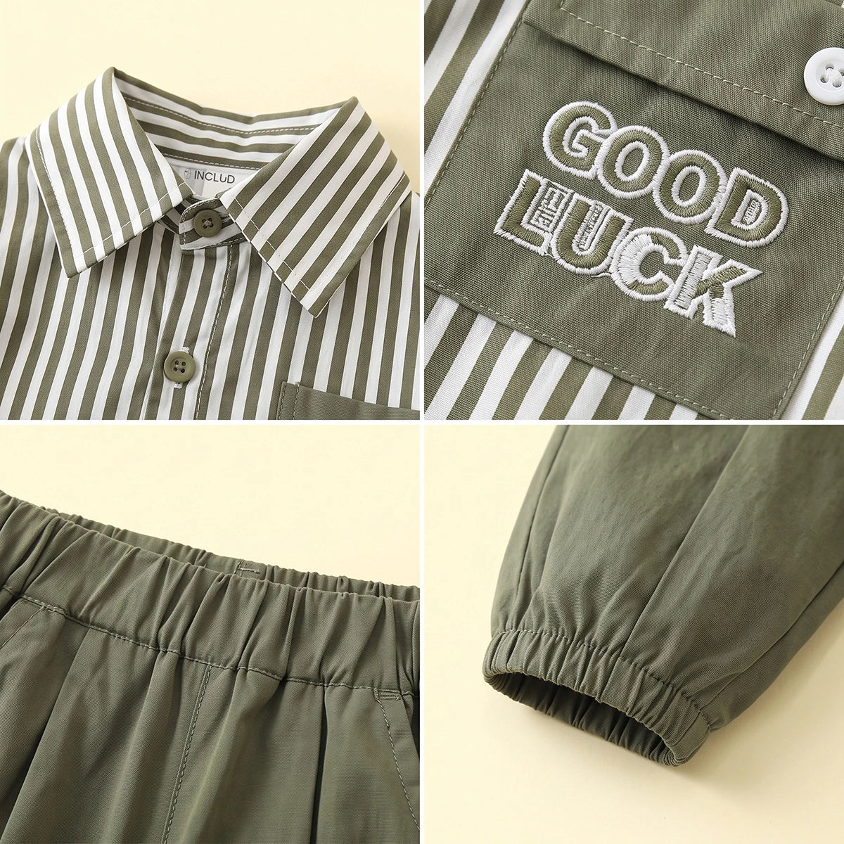 Boys Green Striped Long Sleeve Shirt With Pants Sets 2 pc. Sets