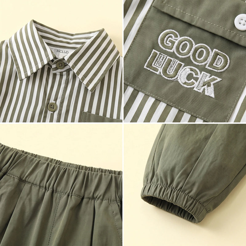 Boys Green Striped Long Sleeve Shirt With Pants Sets 2 pc. Sets