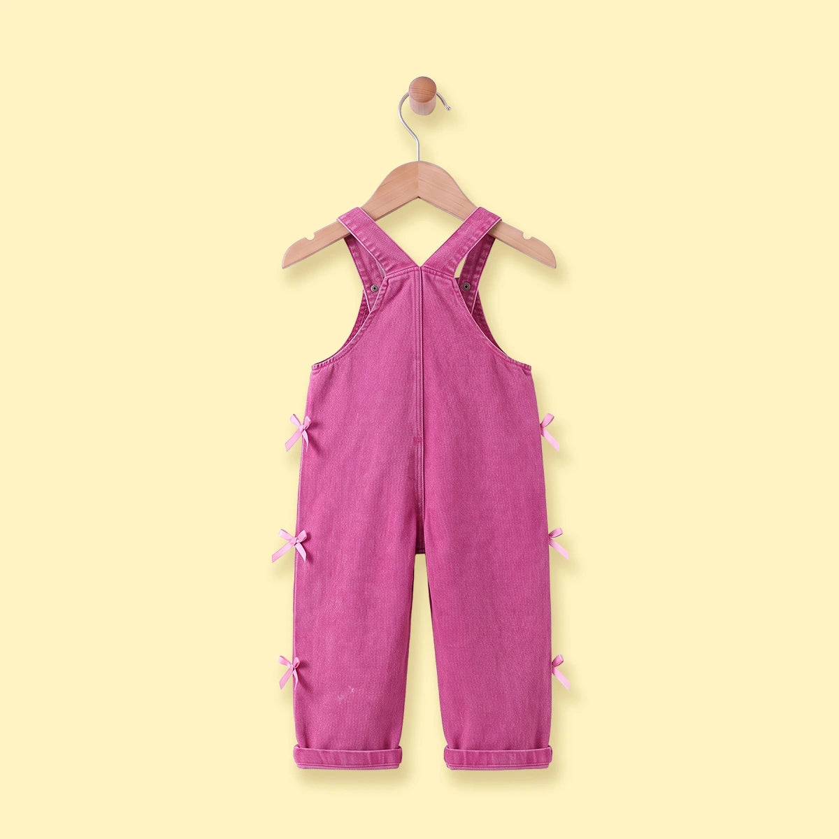 Girls Fuchsia Denim Bow Applique Dungaree Jumpsuits