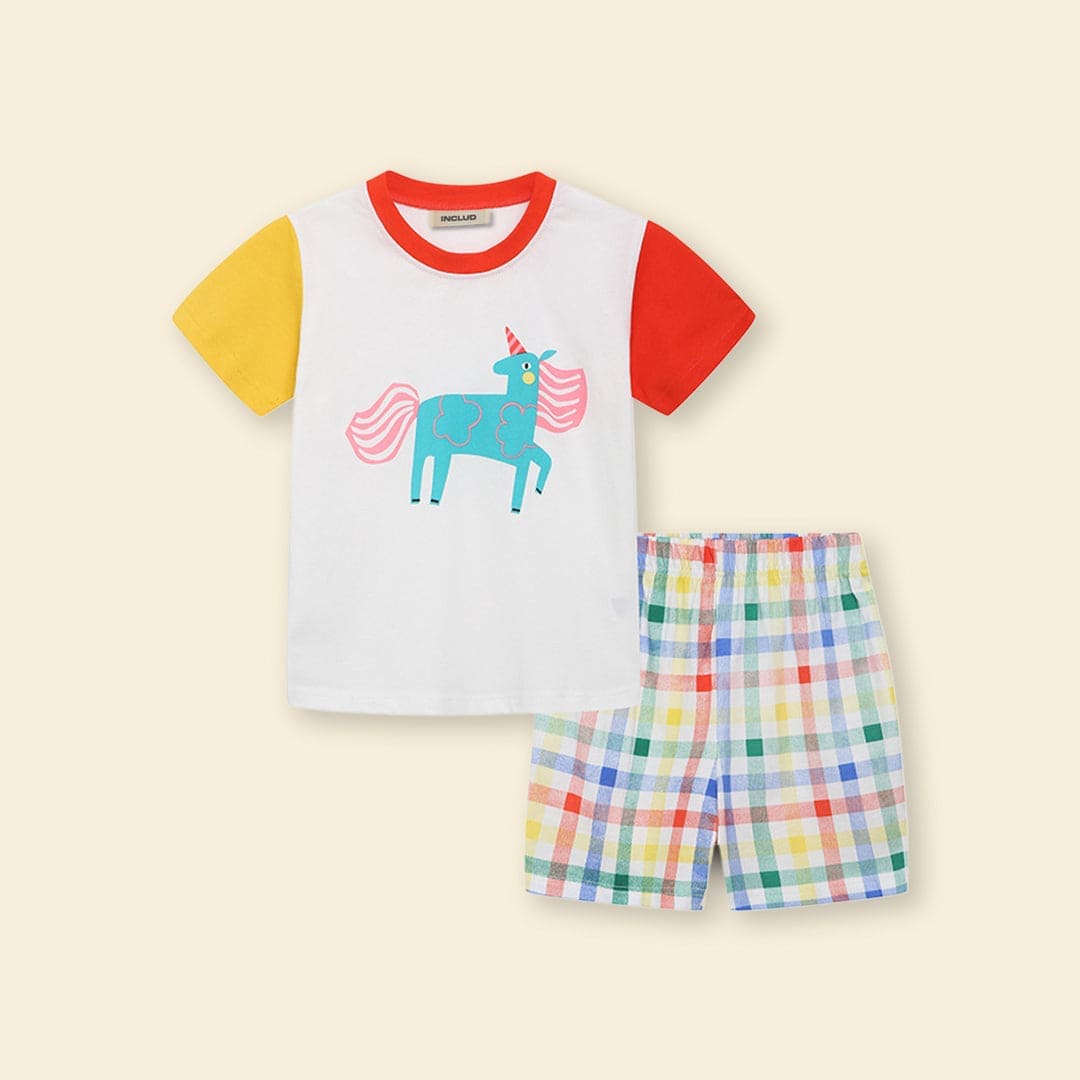 Boys Colorblocked T-Shirt With Checkered Shorts Set Sets   