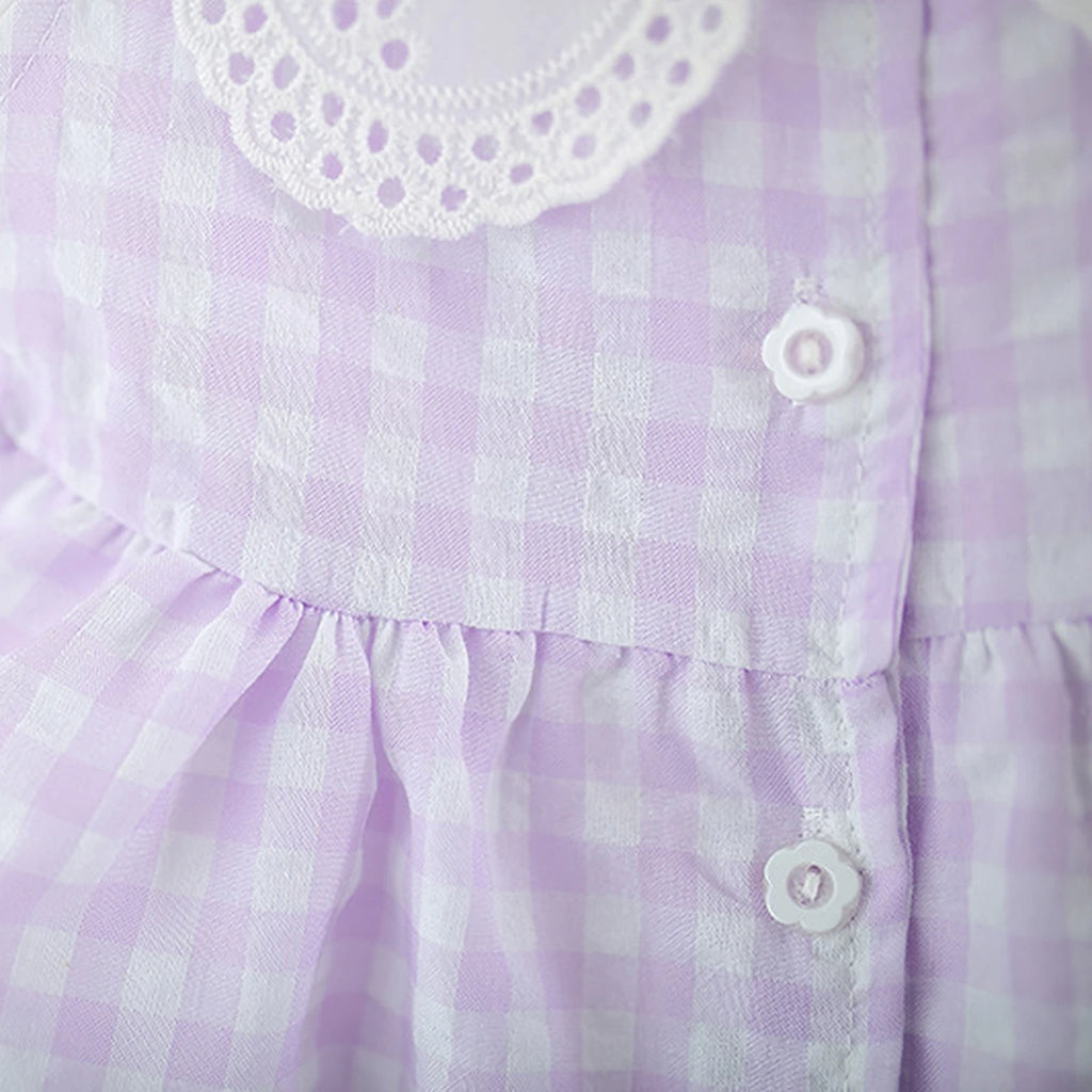 Girls Purple Checked Eyelet Peter Pan Collar Dress With Hat Casual Dresses