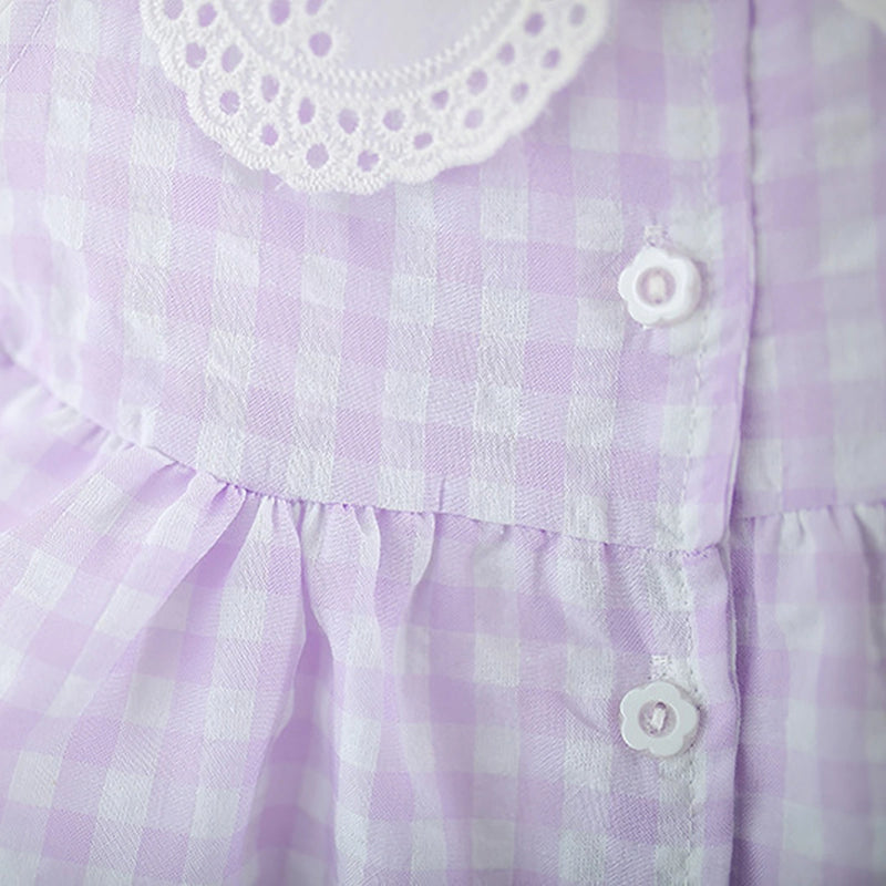 Girls Purple Checked Eyelet Peter Pan Collar Dress With Hat Casual Dresses