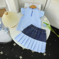 Girls Light Blue Ruffle Neck Top With Pleated Skirt Sets Sets