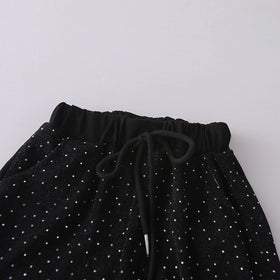 Girls White Frayed-Denim Star Applique T-Shirt With Micro-Dot Embellished Pant Sets Sets
