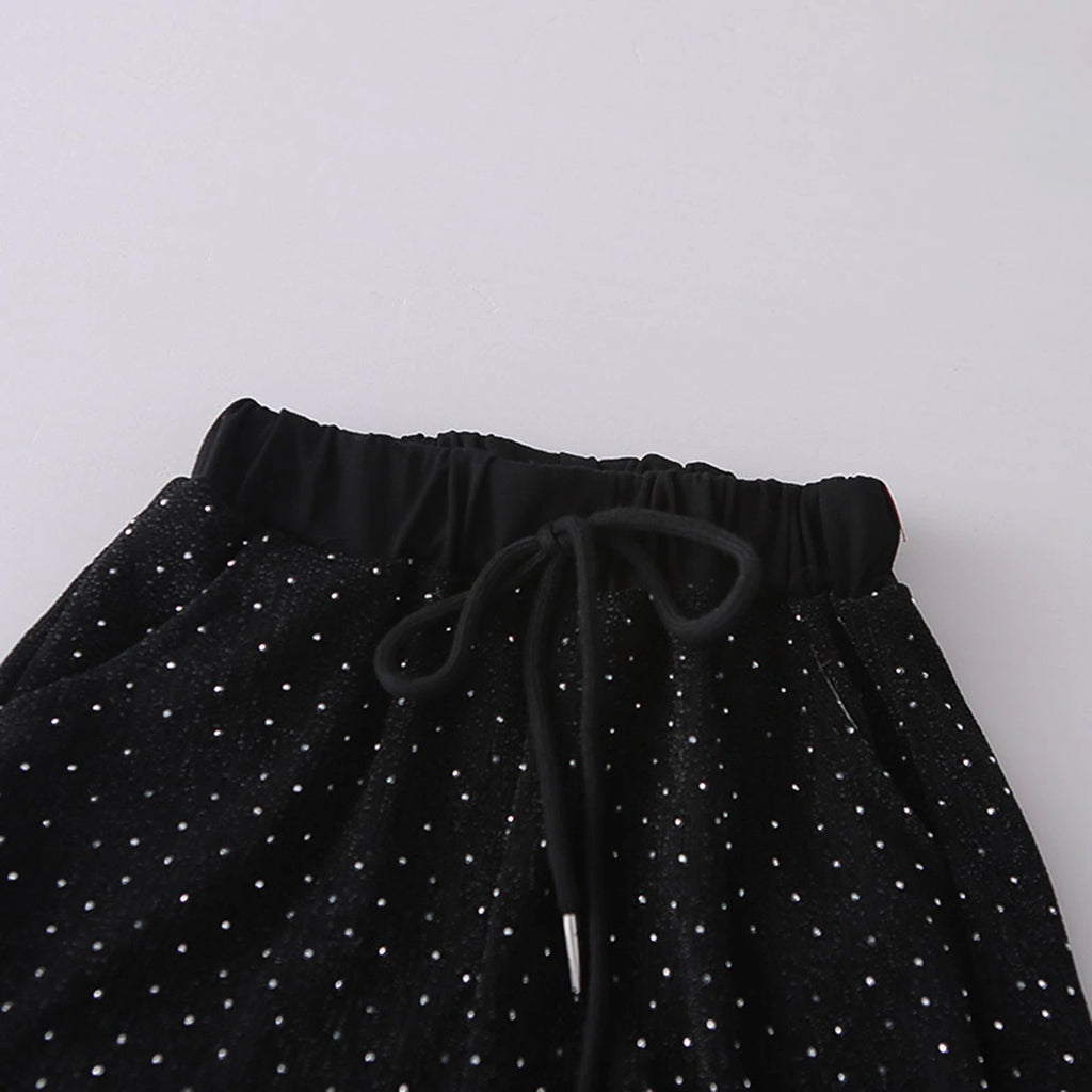 Girls White Frayed-Denim Star Applique T-Shirt With Micro-Dot Embellished Pant Sets Sets