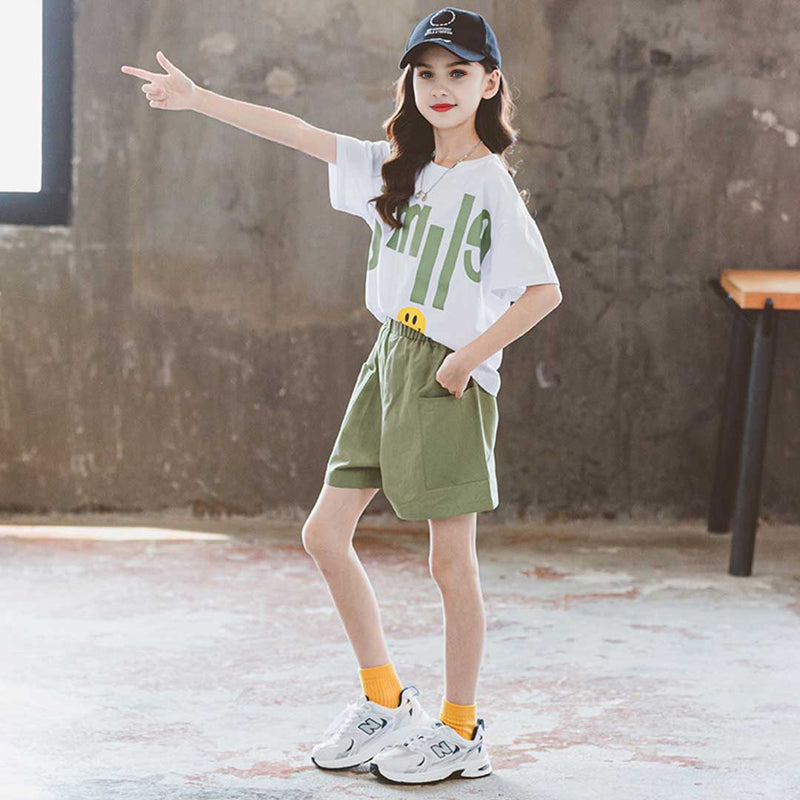 Girls Smile Print Short Sleeve T-Shirt With Shorts Set 2 pc. Sets   