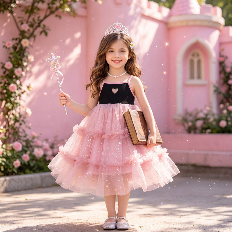 Girls Pink Heart Applique Sleeveless Fit & Flare Dress Casual Dresses