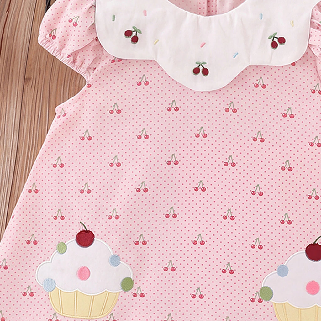 Girls Light Pink Cherry Print Peter Pan Collar A-line Dress Casual Dresses