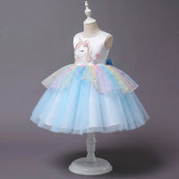 Girls Sky Blue Unicorn Embroidered Sleeveless Fit & Flare Party Wear Dress Party Dresses