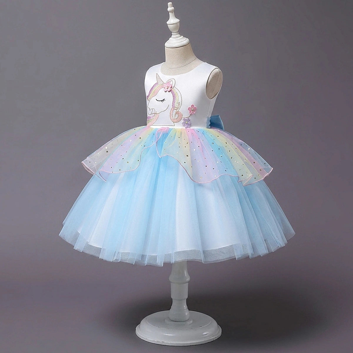 Girls Sky Blue Unicorn Embroidered Sleeveless Fit & Flare Party Wear Dress Party Dresses