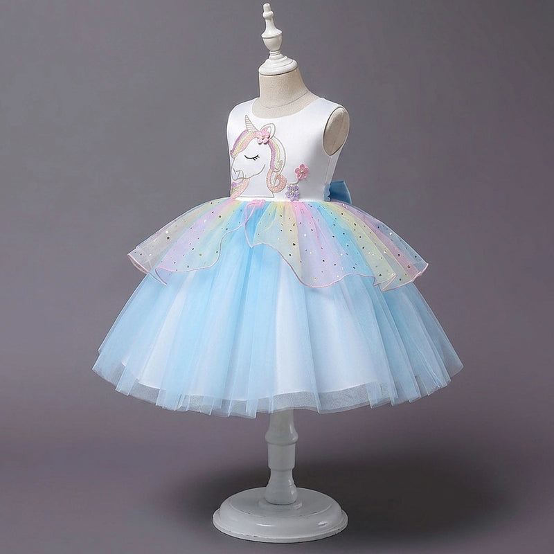 Girls Sky Blue Unicorn Embroidered Sleeveless Fit & Flare Party Wear Dress Party Dresses