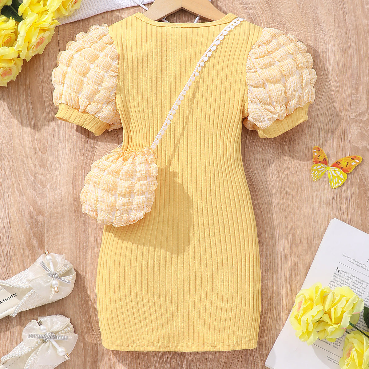 Girls Yellow Puff Sleeves Round Neck Bodycon Dress With Sling Bag Casual Dresses