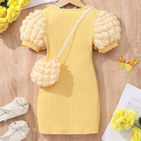 Girls Yellow Puff Sleeves Round Neck Bodycon Dress With Sling Bag Casual Dresses