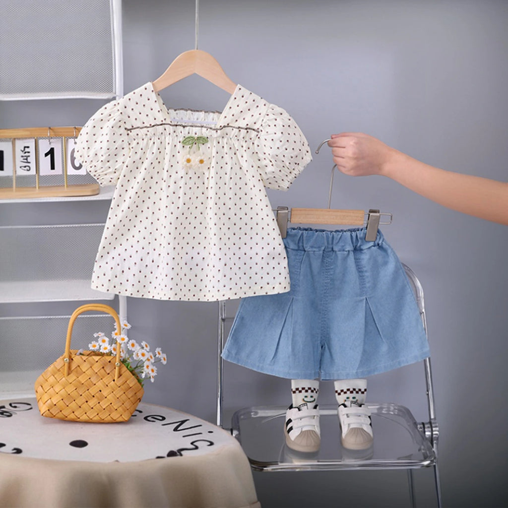 Girls White Polka Dot Print Top With Pleated Denim Shorts Set Sets White 1-2 Y