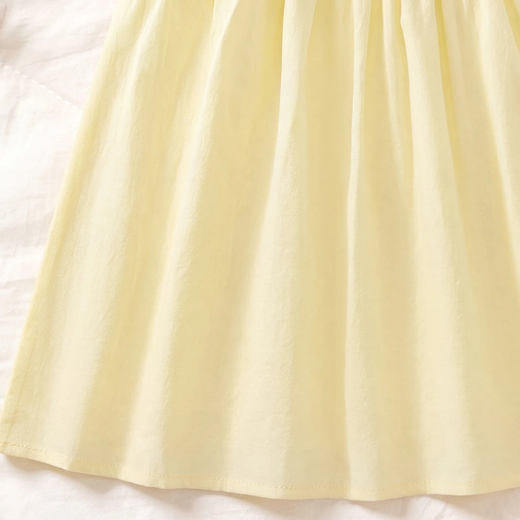 Girls Light Yellow Floral Embroidered Sleeveless A-Line Dress Casual Dresses