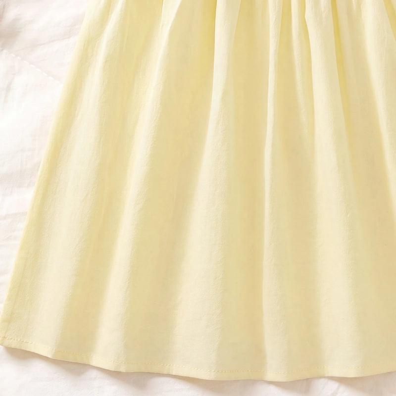 Girls Light Yellow Floral Embroidered Sleeveless A-Line Dress Casual Dresses