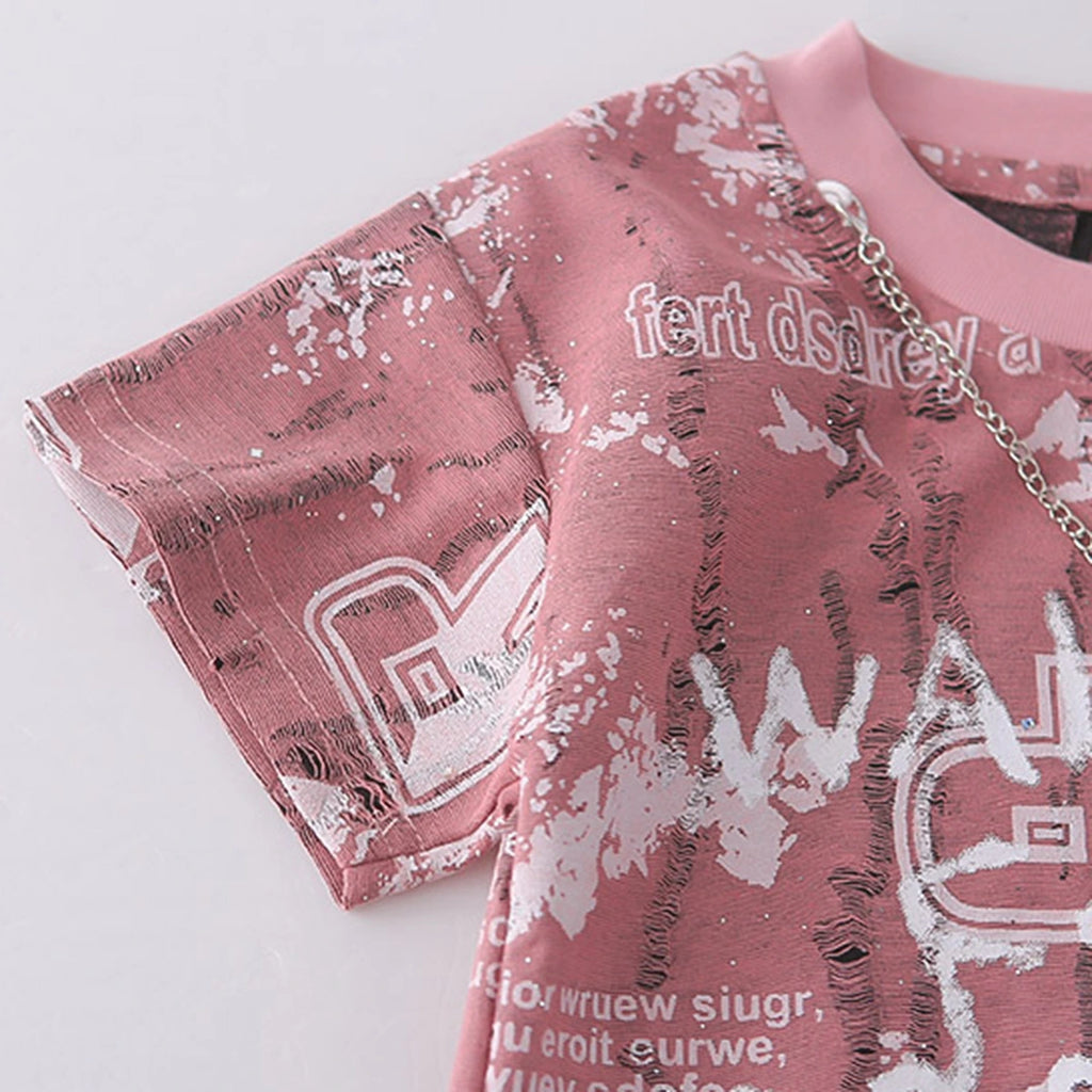 Boys Dark Pink Typographic Print T-Shirt With Denim Shorts Set Sets