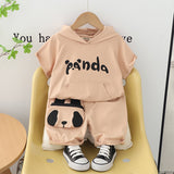 Boys Peach Panda Printed Hooded T-Shirt with Shorts Set