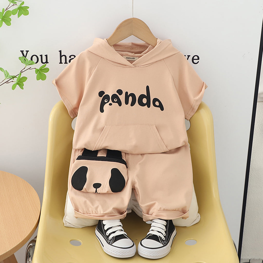 Boys Peach Panda Printed Hooded T-Shirt with Shorts Set Sets Peach 1-2 Y