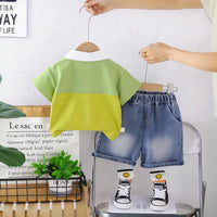 Boys Green Embroidered Short Sleeves Polo T-Shirt With Denim Shorts Set Sets