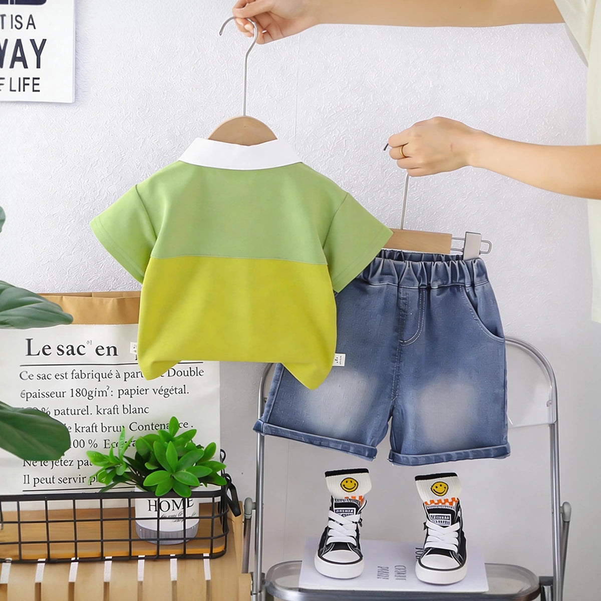 Boys Green Embroidered Short Sleeves Polo T-Shirt With Denim Shorts Set Sets