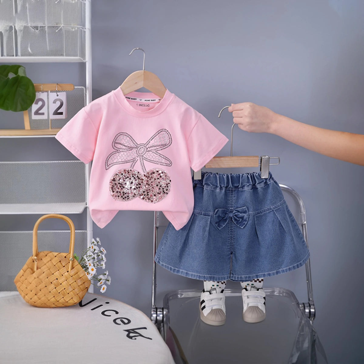 Girls Pink Cherry Embellished T-Shirt With Pleated Denim Shorts Set Sets Pink 1-2 Y