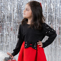 Girls Black Beaded Puff Sleeves Top With Bow Pleated Skirt Sets Sets