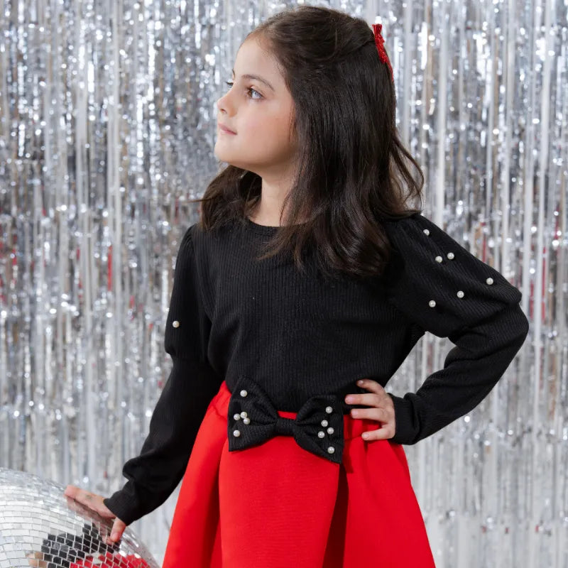 Girls Black Beaded Puff Sleeves Top With Bow Pleated Skirt Sets Sets