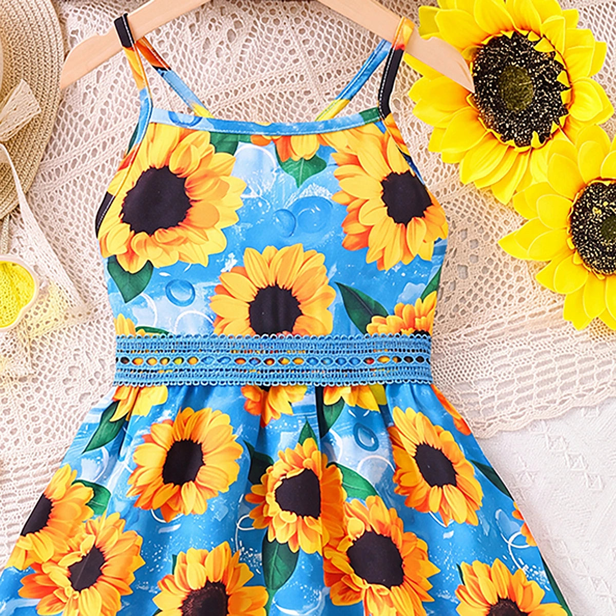 Girls Blue Floral Print Sleeveless Fit & Flare Dress Casual Dresses