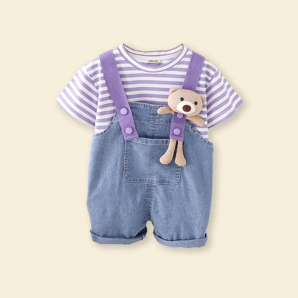 Girls Purple Striped T-shirt with Denim Dungaree Set Sets Purple 1-2 Y 