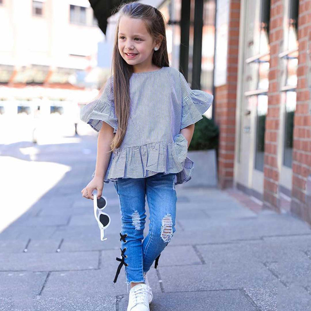 Girls Short Sleeve Striped Top With Denim Trouser Sets