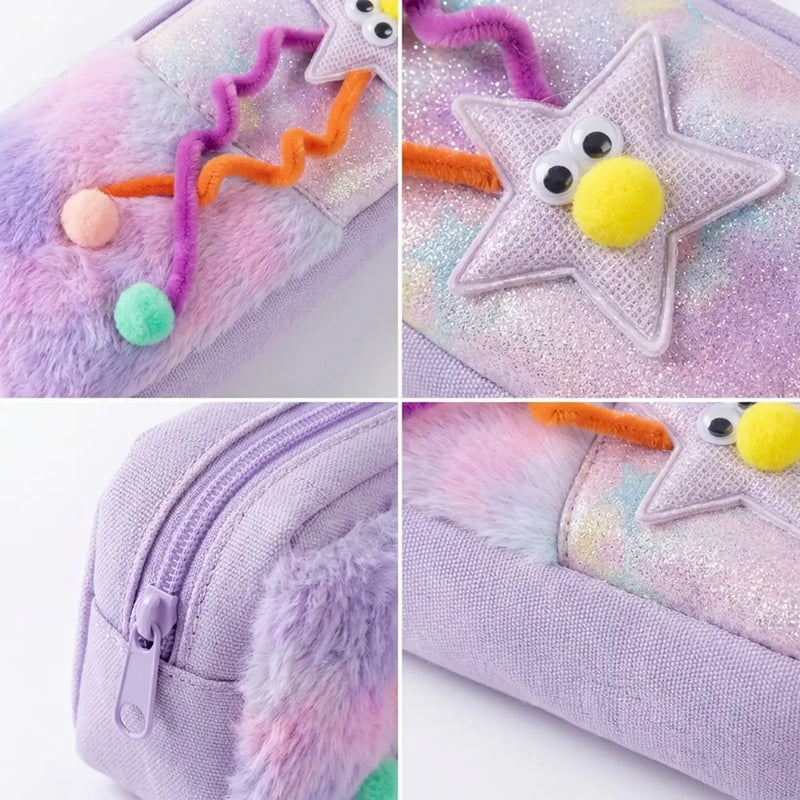 Cute Star Plush Pencil Case for Girls -Soft Fur Zipper Pencil Pouch for School Trending Accessories