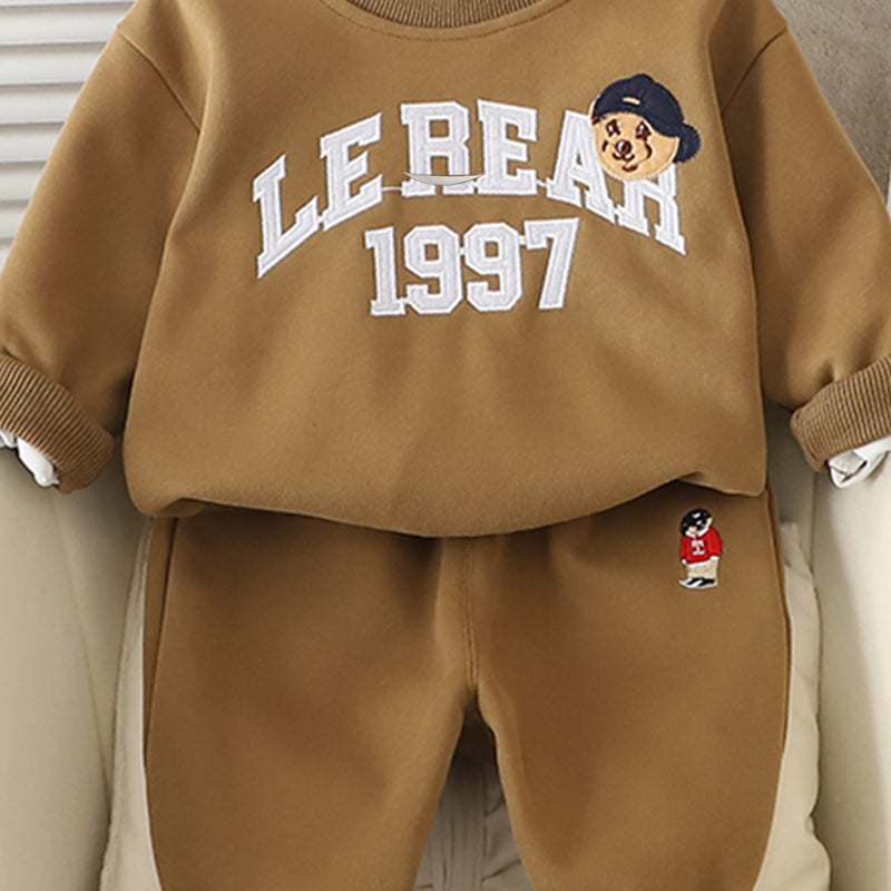 Boys Brown Typographic Embroidered Sweatshirt WIth Pants Set 2 pc. Sets